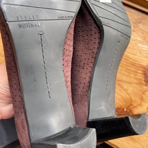 Stuart Weitzman Suede Pumps Square Toe Fringe Brown Buckle Size 8 Narrow - Picture 7 of 9